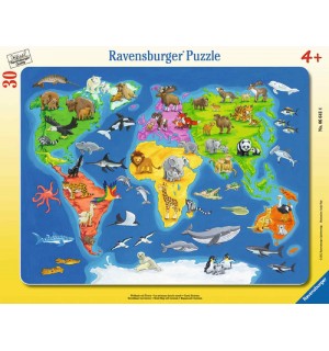 Ravensburger Puzzle - Rahmenpuzzle - Weltkarte mit Tieren, 30 Teile
