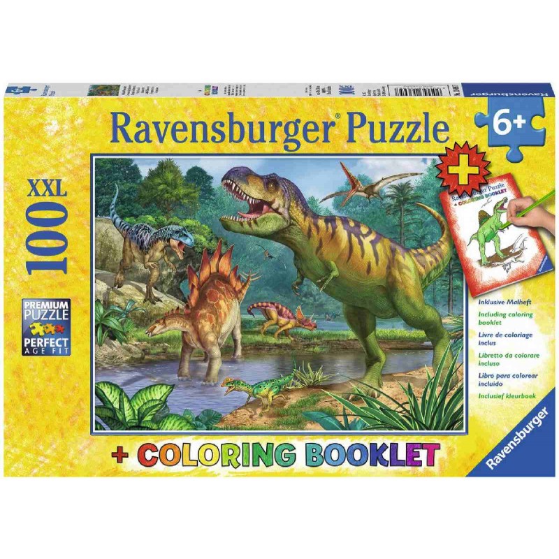 Ravensburger Puzzle - Welt der Dinosaurier XXL plus Coloring Booklet, 100 Teile