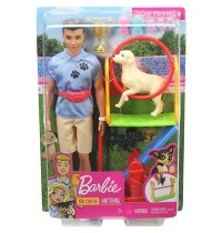 Mattel - Barbie - Ken Hundetrainer Spielset Puppe brünett mit zwei Hunden, Anzie