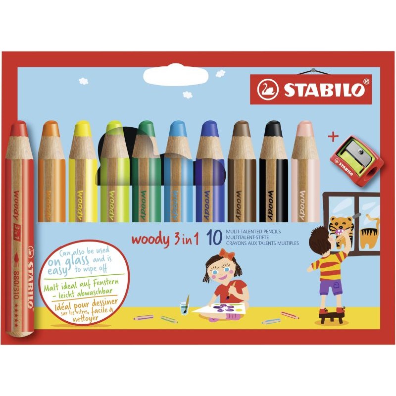 STABILO woody 10er Etui mit S Buntstift, Wasserfarbe & Wachsmalkreide - STABILO woody 3 in 1 - 10er Pack mit Spitzer - mit 10 ve