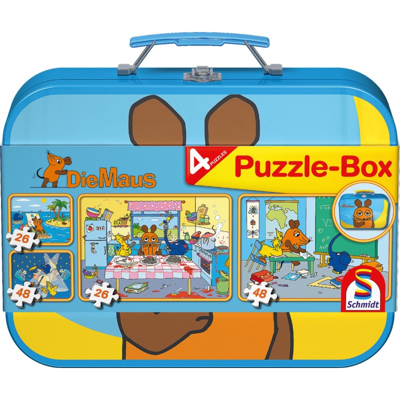 Schmidt Spiele - Puzzle - Puzzle-Box im Metallkoffer - Die Maus, 2x26, 2x48 Teile
