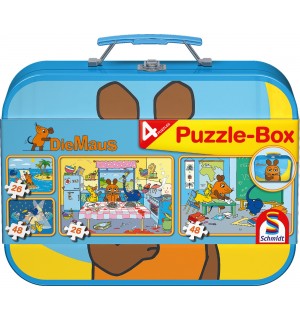 Schmidt Spiele - Puzzle - Puzzle-Box im Metallkoffer - Die Maus, 2x26, 2x48 Teile