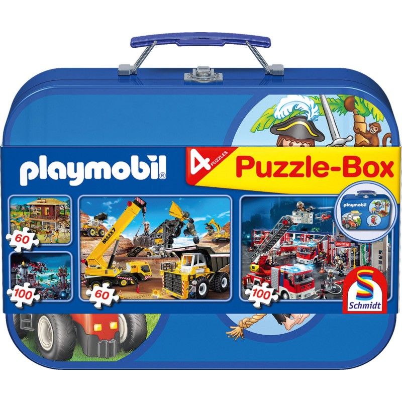 Schmidt Spiele - Puzzle - Puzzle-Box im Metallkoffer - Playmobil, 2x60, 2x100 Teile