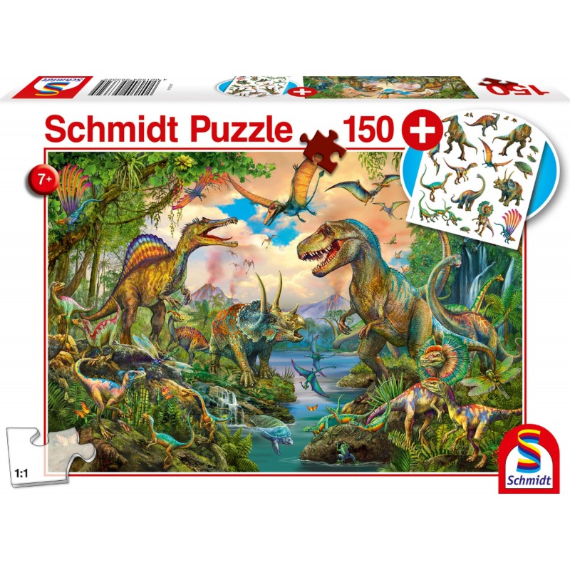 Schmidt Spiele - Puzzle - Wilde Dinos,  mit add on (Tattoos Dinosaurier), 150 Teile